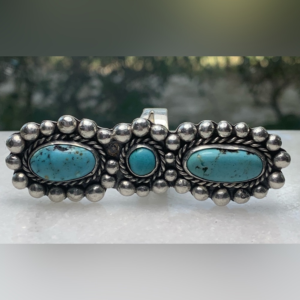 Turquoise Cluster Ring Sterling Silver Southwestern Navajo Style Ring 28 grams